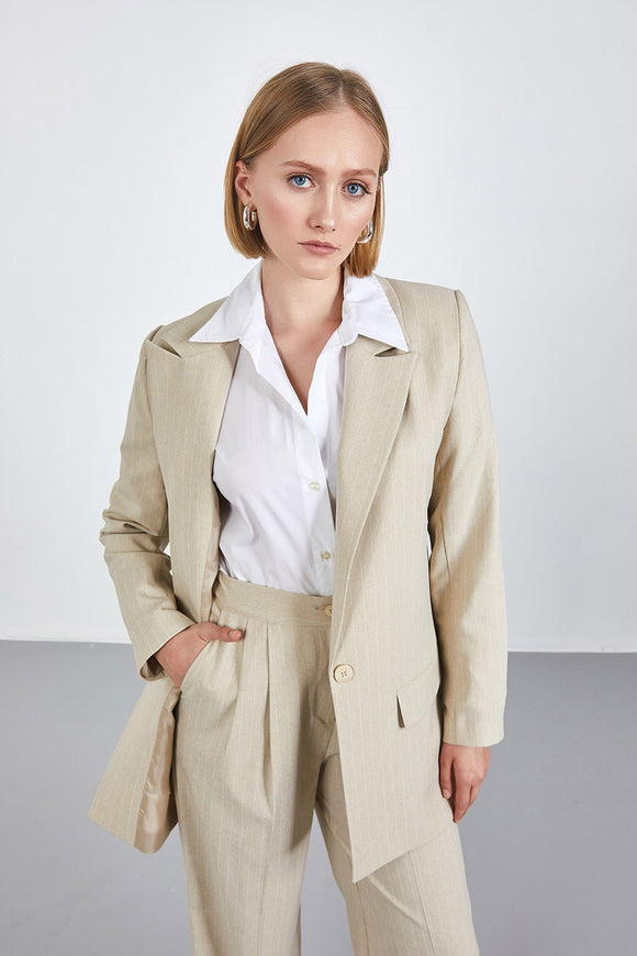 Oversize Çizgili Takım Elbise Ekru