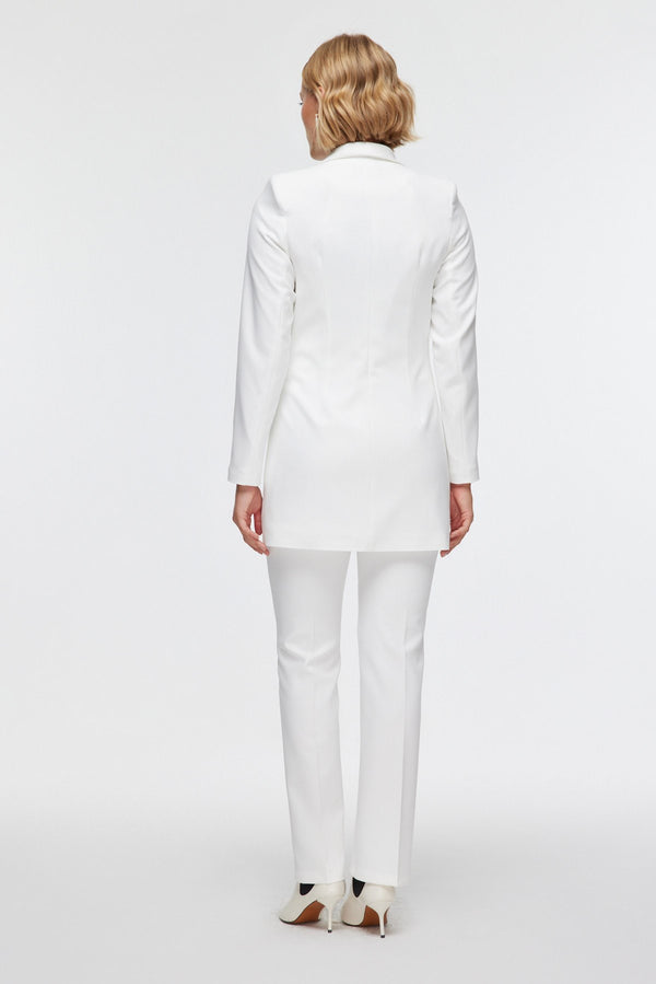 Semperiba Kadın Cep Detaylı Beyaz Pantolonlu Takım