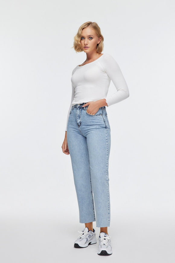 Semperiba Kadın Cepli Mavi Mom Jeans Pantolon