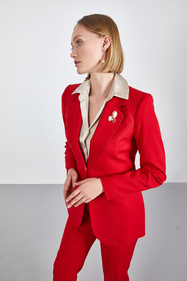 Broş Detaylı Gold Düğmeli Cessica Takım Elbise Kırmızı